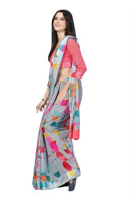 Grey printed cotton silk saree with blouse 4