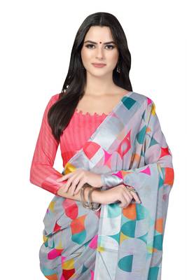 Grey printed cotton silk saree with blouse 5