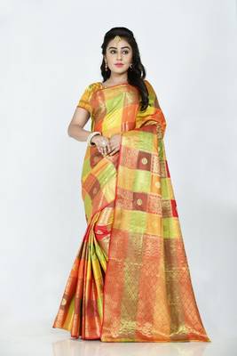 Orange hand woven banarasi silk saree with blouse 1