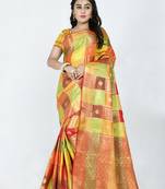 Orange hand woven banarasi silk saree with blouse