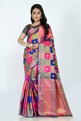 Blue hand woven banarasi silk saree with blouse 1