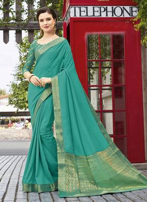   aqua blue woven silk blend saree with blouse 1