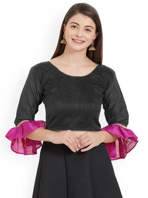 Designer Black Plain Banglori Silk With Latest Style Ruffle Sleeve Blouse 1