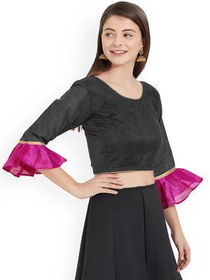Designer Black Plain Banglori Silk With Latest Style Ruffle Sleeve Blouse 3
