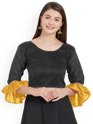 Designer Black Plain Banglori Silk With Latest Style Ruffle Sleeve Blouse 1