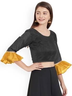 Designer Black Plain Banglori Silk With Latest Style Ruffle Sleeve Blouse 3