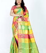Dark yellow hand woven banarasi silk saree with blouse