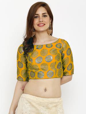 Designer Yellow  Jequard Fabric Elbow Sleeve Blouse 1