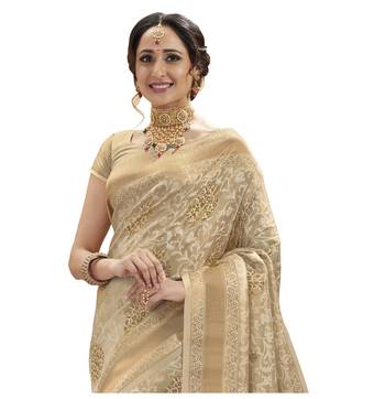 Off white woven banarasi silk saree with blouse 2