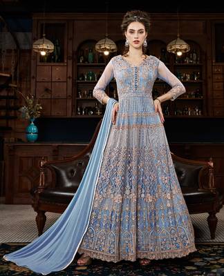 Light-blue resham embroidery net anarkali 1