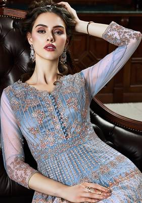 Light-blue resham embroidery net anarkali 2