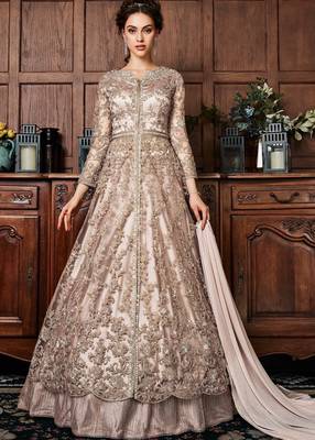 Ivory  colour crystals net anarkali  3