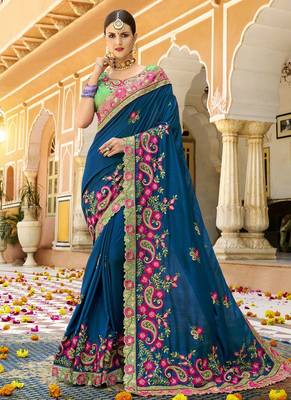 Cobalt blue embroidered silk saree with blouse 1