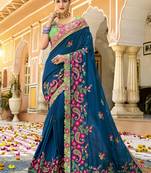 Cobalt blue embroidered silk saree with blouse
