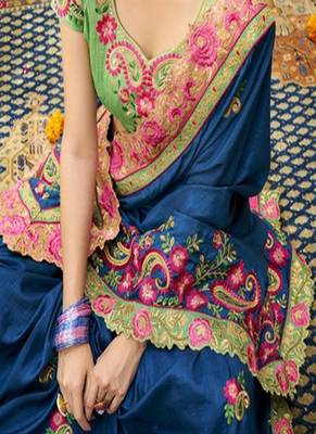 Cobalt blue embroidered silk saree with blouse 2
