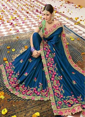Cobalt blue embroidered silk saree with blouse 3