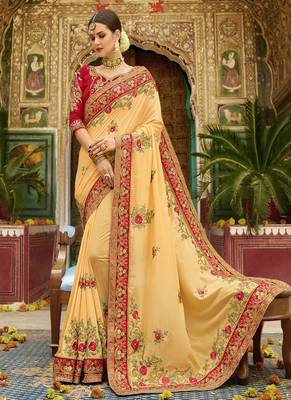 Peach embroidered silk saree with blouse 1