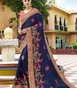 Navy blue embroidered silk saree with blouse
