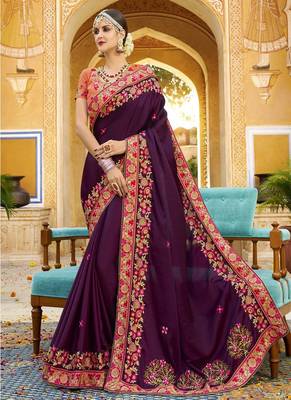 Dark violet embroidered silk saree with blouse 1
