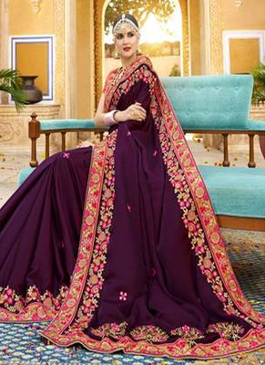 Dark violet embroidered silk saree with blouse 2