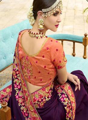 Dark violet embroidered silk saree with blouse 3