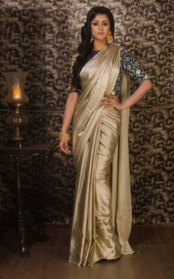 Beige plain silk saree with blouse 1