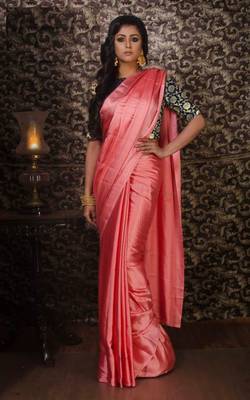 Peach plain silk saree with blouse 1