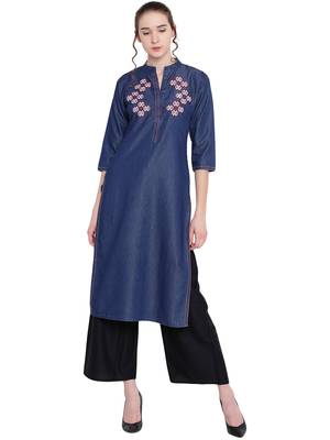 Blue embroidered cotton kurtas and kurtis 1