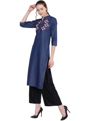 Blue embroidered cotton kurtas and kurtis 3