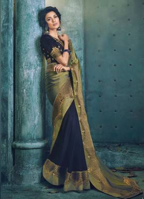 Olive embroidered silk saree with blouse 1