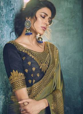 Olive embroidered silk saree with blouse 2