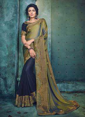 Olive embroidered silk saree with blouse 3
