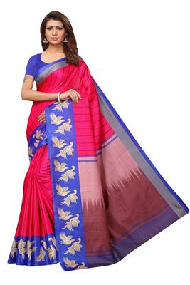Pink printed art silk saree with blouse 1