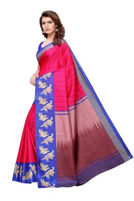 Pink printed art silk saree with blouse 2
