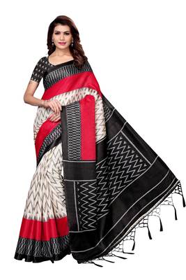 Black printed art silk saree with blouse 1