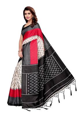 Black printed art silk saree with blouse 2