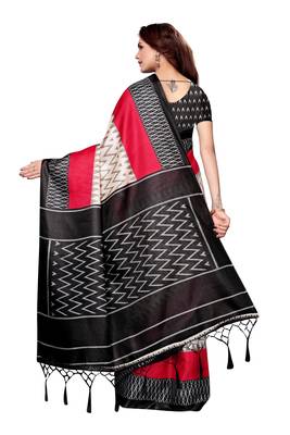 Black printed art silk saree with blouse 3