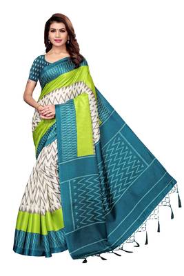 Dark Aqua Blue Printed Art Silk Saree With Blouse 1