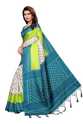 Dark Aqua Blue Printed Art Silk Saree With Blouse 2