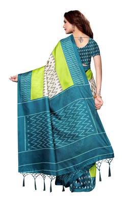 Dark Aqua Blue Printed Art Silk Saree With Blouse 3
