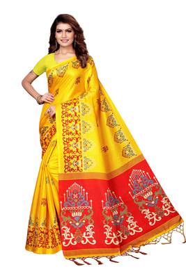 Yellow printed art silk saree with blouse 1
