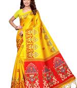 Yellow printed art silk saree with blouse