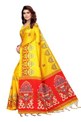 Yellow printed art silk saree with blouse 2