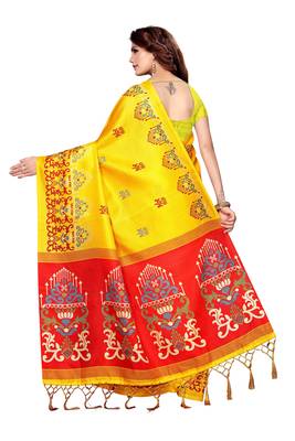 Yellow printed art silk saree with blouse 3