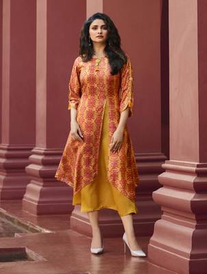 Yellow Printed Silk Kurtis 1