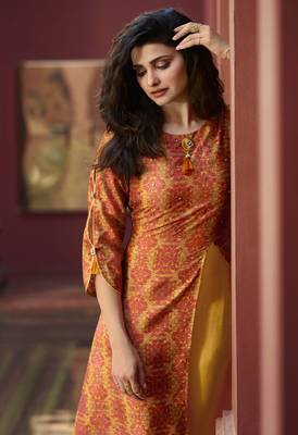 Yellow Printed Silk Kurtis 2
