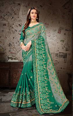 Green embroidered chiffon saree with blouse 1