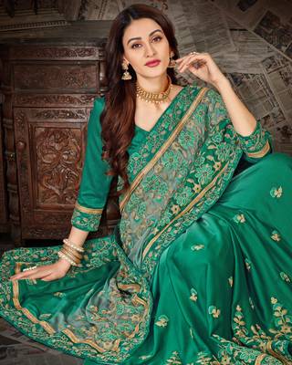 Green embroidered chiffon saree with blouse 2