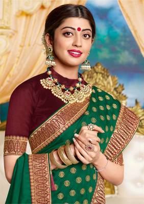 Green embroidered satin saree with blouse 2
