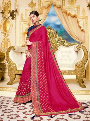 Rani Pink Embroidered Satin Saree With Blouse 1